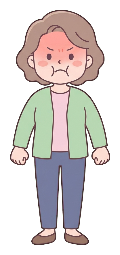 Simple cute flat cartoon illustration with soft pastel colors and thin clean dark outlines of a middle-aged woman, angry person with puffed cheeks and clenched fists, transparent background PNG