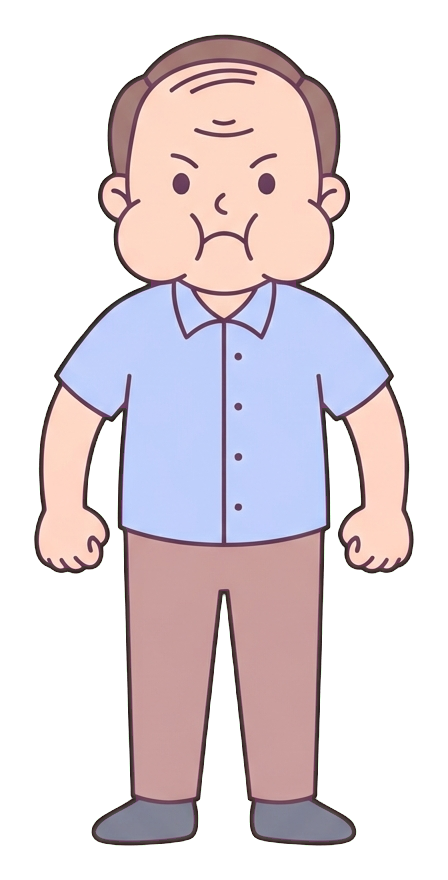 Simple cute flat cartoon illustration with soft pastel colors and thin clean dark outlines of a middle-aged man, angry person with puffed cheeks and clenched fists, transparent background PNG