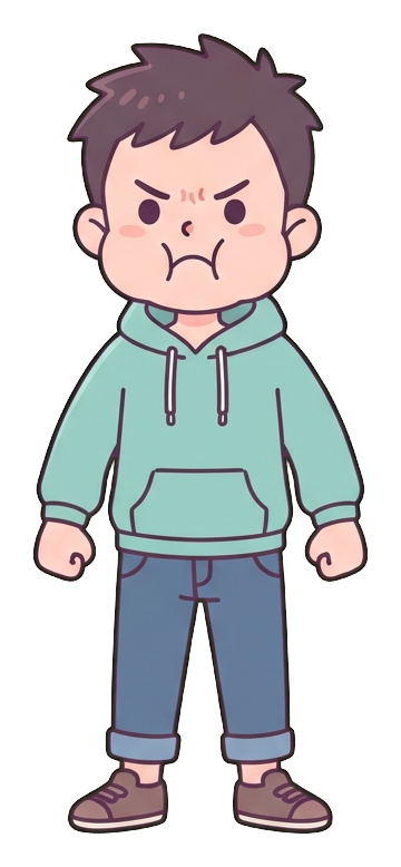 Simple cute flat cartoon illustration with soft pastel colors and thin clean dark outlines of a young man, angry person with puffed cheeks and clenched fists, transparent background PNG
