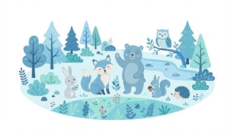 Flat vector illustration on a plain white background of friendly forest animals, cheerful scene with gentle details, cool blue tones, quiet atmosphere, 16:9 aspect ratio