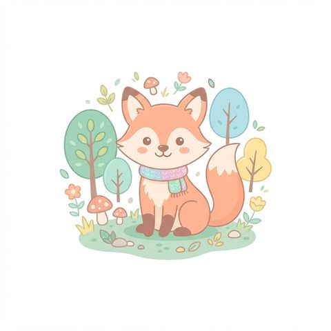 Flat vector illustration on a plain white background of friendly forest animals, isolated single subject, centered, soft pastel colors, bright and cozy, 1:1 aspect ratio