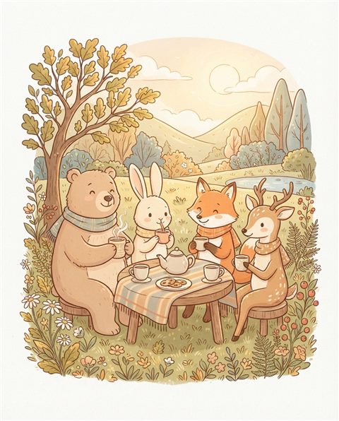 Simple line art with soft colors on a plain white background of friendly forest animals, cheerful scene with gentle details, warm golden light, calm mood, 4:5 aspect ratio
