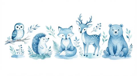 Watercolor illustration on a plain white background of friendly forest animals, simple icon-like composition, cool blue tones, quiet atmosphere, 16:9 aspect ratio