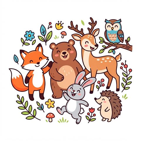 Simple line art with soft colors on a plain white background of friendly forest animals, simple icon-like composition, vivid colors, high contrast, energetic, 1:1 aspect ratio