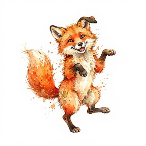 Watercolor illustration on a plain white background of friendly forest animals, isolated single subject, centered, vivid colors, high contrast, energetic, 1:1 aspect ratio