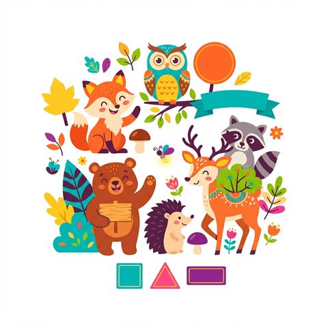 Flat vector illustration on a plain white background of friendly forest animals, small set of several items arranged neatly, vivid colors, high contrast, energetic, 1:1 aspect ratio