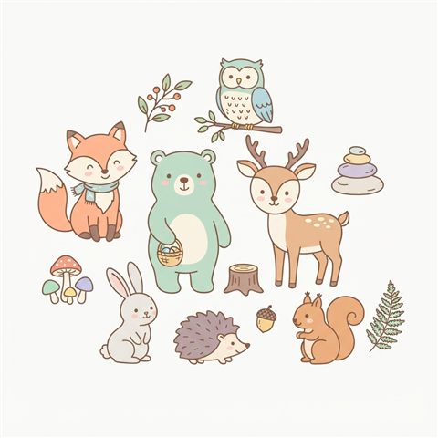 Simple line art with soft colors on a plain white background of friendly forest animals, small set of several items arranged neatly, soft pastel colors, bright and cozy, 1:1 aspect ratio