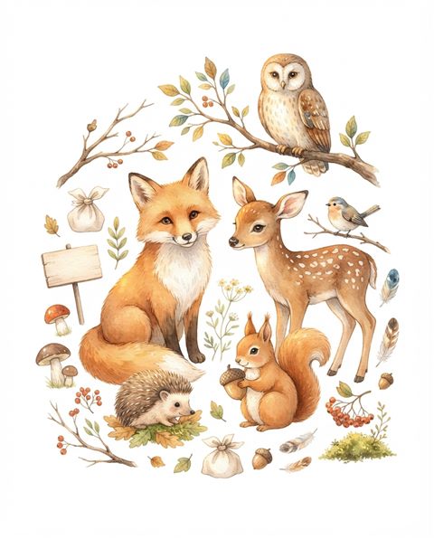 Watercolor illustration on a plain white background of friendly forest animals, small set of several items arranged neatly, warm golden light, calm mood, 4:5 aspect ratio