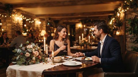 Photorealistic photo of a romantic anniversary dinner table, wide shot with open space at the top for text, warm golden light, calm mood, 16:9 aspect ratio