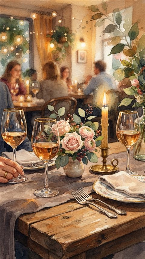 Watercolor illustration of a romantic anniversary dinner table, close-up detail with shallow depth of field, warm golden light, calm mood, 9:16 aspect ratio