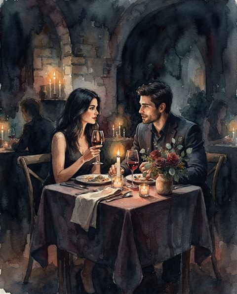 Watercolor illustration of a romantic anniversary dinner table, centered subject with a simple uncluttered composition, moody dark tones, dramatic lighting, 4:5 aspect ratio
