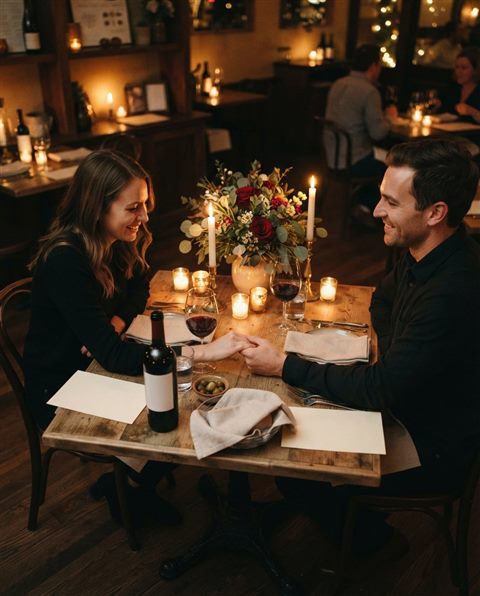 Cinematic film still of a romantic anniversary dinner table, high-angle view from above, warm golden light, calm mood, 4:5 aspect ratio