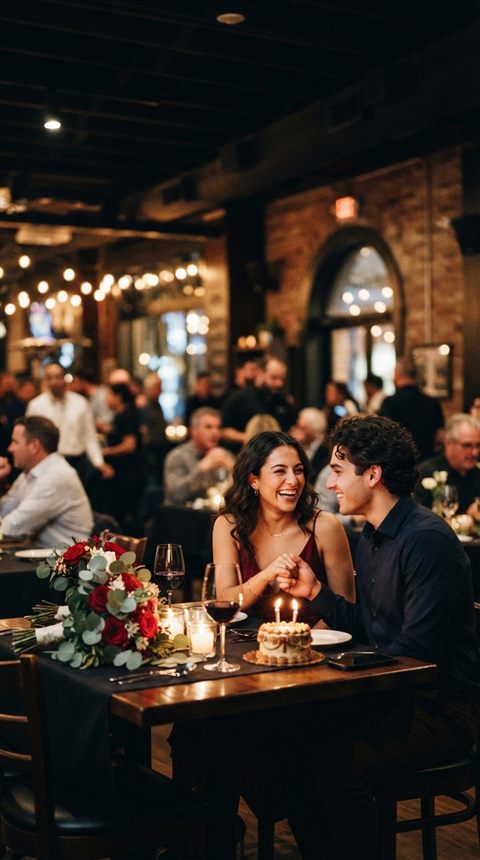 Cinematic film still of a romantic anniversary dinner table, wide shot with open space at the top for text, vivid colors, high contrast, energetic, 9:16 aspect ratio