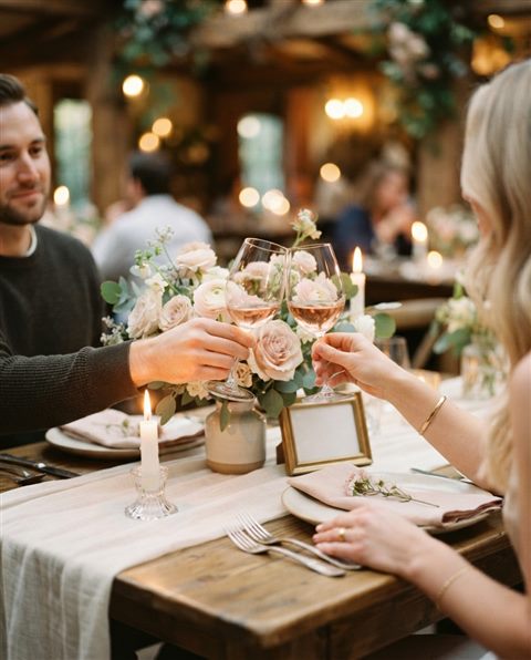 Cinematic film still of a romantic anniversary dinner table, close-up detail with shallow depth of field, soft pastel colors, bright and cozy, 4:5 aspect ratio