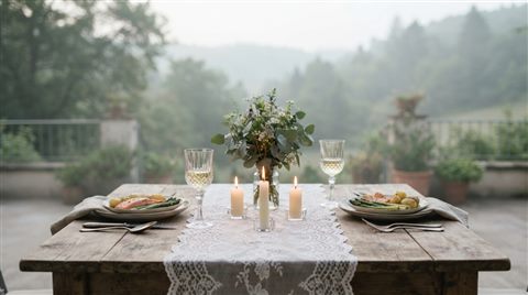 Photorealistic photo of a romantic anniversary dinner table, centered subject with a simple uncluttered composition, misty morning haze, dreamy, 16:9 aspect ratio