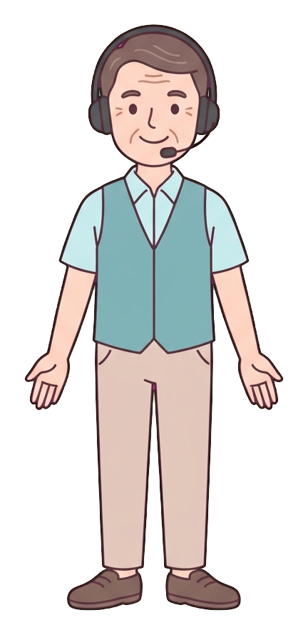Simple cute flat cartoon illustration with soft pastel colors and thin clean dark outlines of a middle-aged man, customer service worker wearing a headset and smiling, transparent background PNG