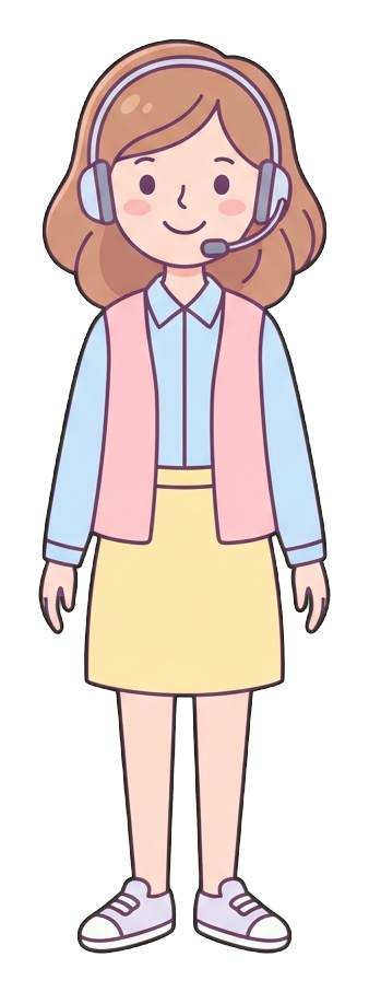 Simple cute flat cartoon illustration with soft pastel colors and thin clean dark outlines of a young woman, customer service worker wearing a headset and smiling, transparent background PNG