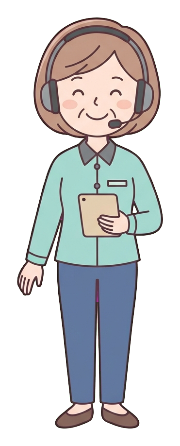 Simple cute flat cartoon illustration with soft pastel colors and thin clean dark outlines of a middle-aged woman, customer service worker wearing a headset and smiling, transparent background PNG