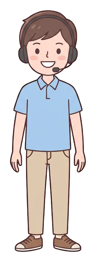 Simple cute flat cartoon illustration with soft pastel colors and thin clean dark outlines of a young man, customer service worker wearing a headset and smiling, transparent background PNG