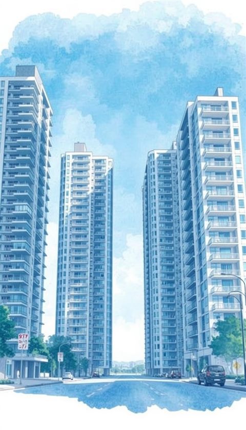 Watercolor illustration of Modern high-rise residential apartment buildings standing tall against a clear daylight sky, centered subject with a simple uncluttered composition, cool blue tones, quiet atmosphere, 9:16 aspect ratio