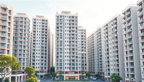 Minimal flat illustration of Modern high-rise residential apartment buildings standing tall against a clear daylight sky, high-angle view from above, soft pastel colors, bright and cozy, 16:9 aspect ratio