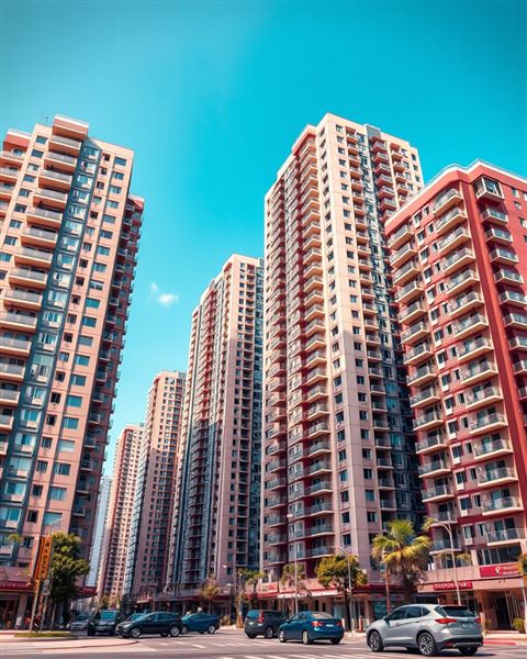 Cinematic film still of Modern high-rise residential apartment buildings standing tall against a clear daylight sky, wide shot with open space at the top for text, vivid colors, high contrast, energetic, 4:5 aspect ratio