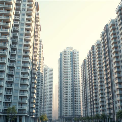 Soft 3D render of Modern high-rise residential apartment buildings standing tall against a clear daylight sky, close-up detail with shallow depth of field, misty morning haze, dreamy, 1:1 aspect ratio