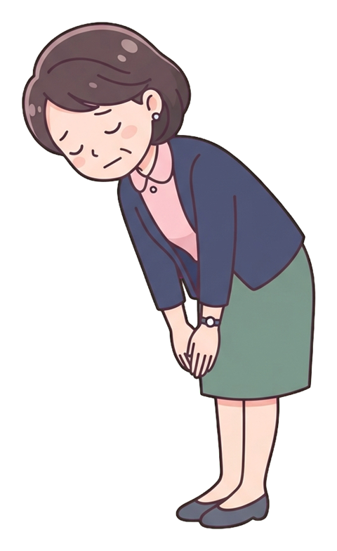 Simple cute flat cartoon illustration with soft pastel colors and thin clean dark outlines of a middle-aged woman, office worker bowing deeply to apologize, transparent background PNG
