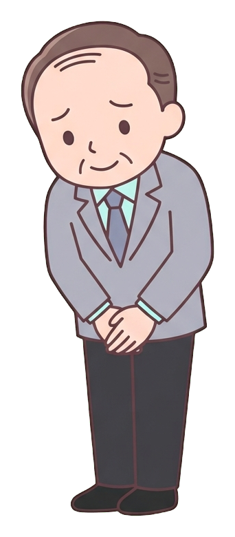 Simple cute flat cartoon illustration with soft pastel colors and thin clean dark outlines of a middle-aged man, office worker bowing deeply to apologize, transparent background PNG