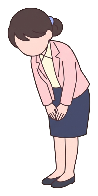 Simple cute flat cartoon illustration with soft pastel colors and thin clean dark outlines of a young woman, office worker bowing deeply to apologize, transparent background PNG