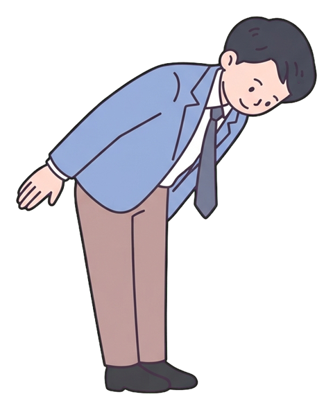 Simple cute flat cartoon illustration with soft pastel colors and thin clean dark outlines of a young man, office worker bowing deeply to apologize, transparent background PNG