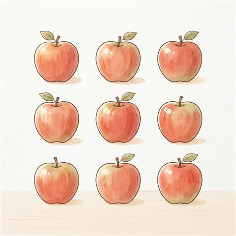 Simple line art with soft colors on a plain white background of red apples, small set of several items arranged neatly, warm golden light, calm mood, 1:1 aspect ratio