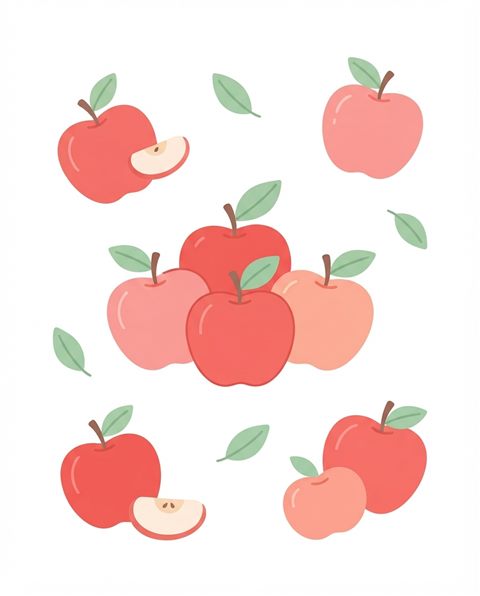 Flat vector illustration on a plain white background of red apples, simple icon-like composition, soft pastel colors, bright and cozy, 4:5 aspect ratio