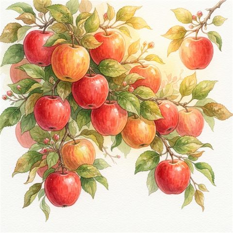 Watercolor illustration on a plain white background of red apples, cheerful scene with gentle details, warm golden light, calm mood, 1:1 aspect ratio