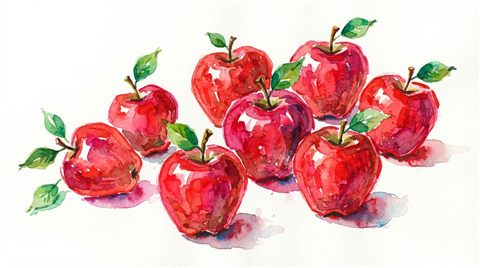 Watercolor illustration on a plain white background of red apples, simple icon-like composition, vivid colors, high contrast, energetic, 16:9 aspect ratio