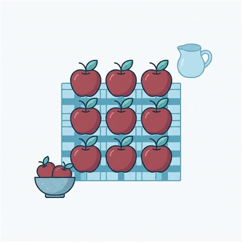 Flat vector illustration on a plain white background of red apples, small set of several items arranged neatly, cool blue tones, quiet atmosphere, 1:1 aspect ratio