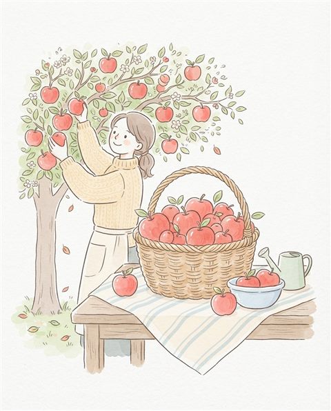 Simple line art with soft colors on a plain white background of red apples, cheerful scene with gentle details, soft pastel colors, bright and cozy, 4:5 aspect ratio