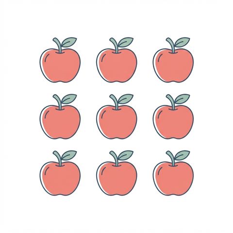 Simple line art with soft colors on a plain white background of red apples, simple icon-like composition, cool blue tones, quiet atmosphere, 1:1 aspect ratio