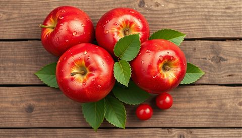 Minimal flat illustration of Fresh red apples with water droplets resting on a rustic wooden surface with green leaves, high-angle view from above, soft pastel colors, bright and cozy, 16:9 aspect ratio