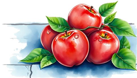 Watercolor illustration of Fresh red apples with water droplets resting on a rustic wooden surface with green leaves, centered subject with a simple uncluttered composition, cool blue tones, quiet atmosphere, 16:9 aspect ratio