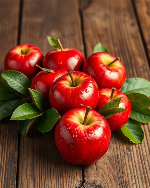 Cinematic film still of Fresh red apples with water droplets resting on a rustic wooden surface with green leaves, wide shot with open space at the top for text, vivid colors, high contrast, energetic, 4:5 aspect ratio