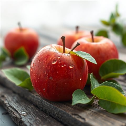 Soft 3D render of Fresh red apples with water droplets resting on a rustic wooden surface with green leaves, close-up detail with shallow depth of field, misty morning haze, dreamy, 1:1 aspect ratio