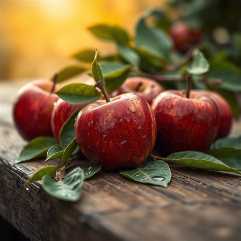 Photorealistic photo of Fresh red apples with water droplets resting on a rustic wooden surface with green leaves, close-up detail with shallow depth of field, warm golden light, calm mood, 1:1 aspect ratio