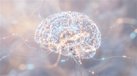 Soft 3d render of glowing AI brain made of circuits, close-up detail with shallow depth of field, misty morning haze, dreamy, 16:9 aspect ratio