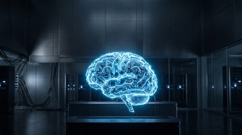 Photorealistic photo of glowing AI brain made of circuits, wide shot with open space at the top for text, cool blue tones, quiet atmosphere, 16:9 aspect ratio