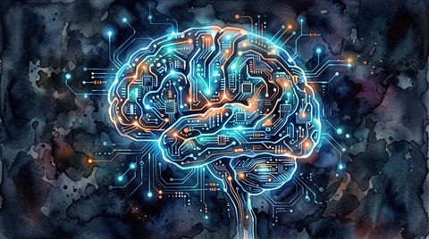 Watercolor illustration of glowing AI brain made of circuits, high-angle view from above, moody dark tones, dramatic lighting, 16:9 aspect ratio