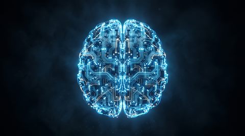 Photorealistic photo of glowing AI brain made of circuits, centered subject with a simple uncluttered composition, moody dark tones, dramatic lighting, 16:9 aspect ratio