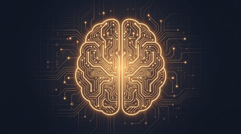 Minimal flat illustration of glowing AI brain made of circuits, high-angle view from above, warm golden light, calm mood, 16:9 aspect ratio