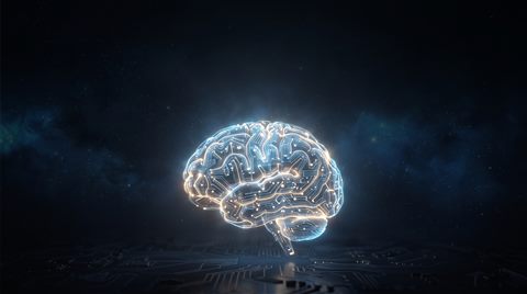 Soft 3d render of glowing AI brain made of circuits, wide shot with open space at the top for text, moody dark tones, dramatic lighting, 16:9 aspect ratio