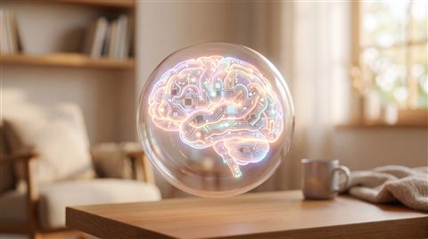 Cinematic film still of glowing AI brain made of circuits, centered subject with a simple uncluttered composition, soft pastel colors, bright and cozy, 16:9 aspect ratio